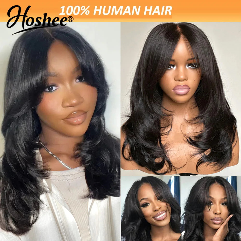 Wear And Go Wig With Layered Bang Glueless Ready To Wear Straight 13x4 Lace Human Hair Wigs For Women 4x4 Lace Closure Wig 250%