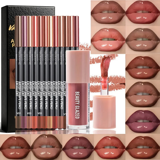 Beauty Glazed 12Pcs Lip Liner & Lip Gloss Set, Waterproof Matte Nude Lip Makeup Kit, Long Lasting for Daily & Party