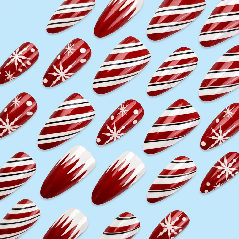 24pcs Christmas Red Metallic Press On Nails Luminous Glow In Dark Snowflake Candy Stripe Fake Nail Long Almond False Nail