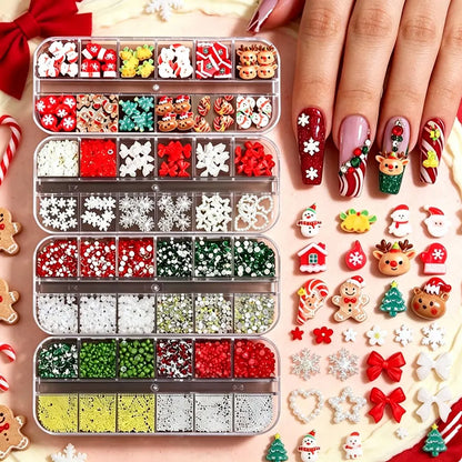 4Box Christmas Nail Charms 3D Snowman Santa Claus Elk, White Snowflakes Red Bow Red & Green Rhinestones Metal Caviar Beads Nails