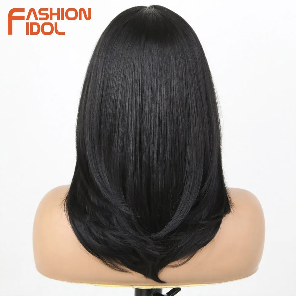 FASHION IDOL 16 Inch 13x3 Lace Front Wigs Synthetic Straight Hair Layered Ombre Brown Free Part Pre-Plucked Bob Wigs for Women