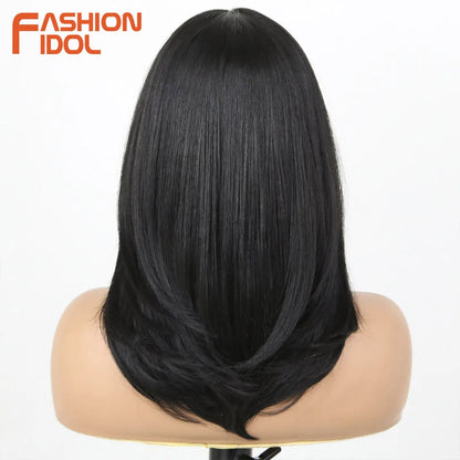 FASHION IDOL 16 Inch 13x3 Lace Front Wigs Synthetic Straight Hair Layered Ombre Brown Free Part Pre-Plucked Bob Wigs for Women