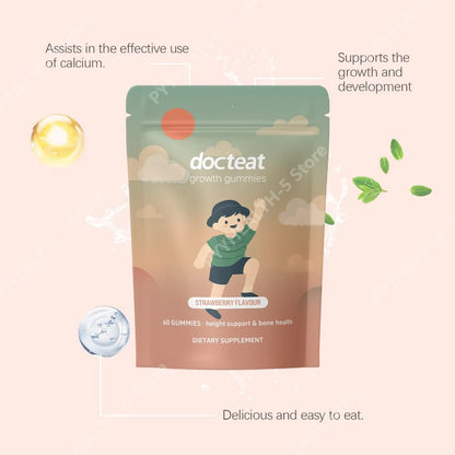 Docteat Growth Gummies for Kids Strawberry Flavor Chewable with Calcium Vitamin D and K 60 Gummies