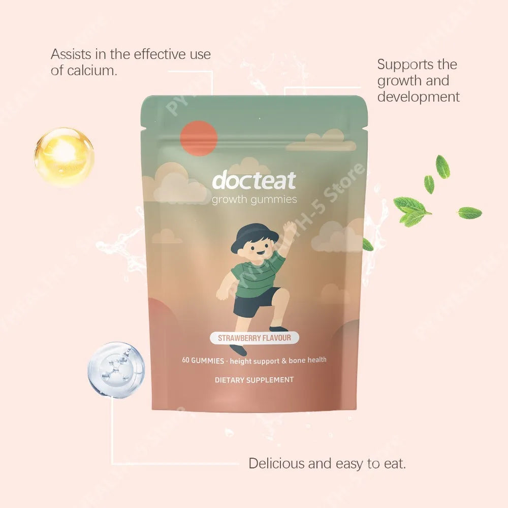 Docteat Growth Gummies for Kids Strawberry Flavor Chewable with Calcium Vitamin D and K 60 Gummies