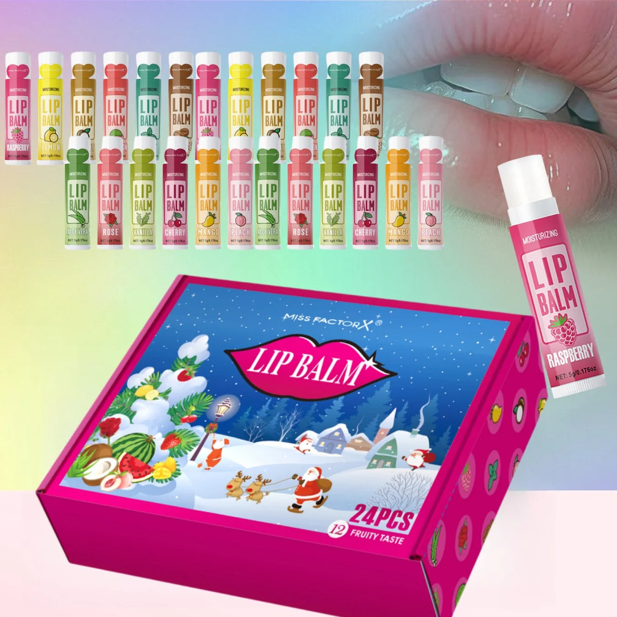 24PCS/ Box 12 Kinds of Flower and Fruit Lip Balm Set Gift Natural Fragrance Moisturizing Exfoliating and Brightening Lip Color