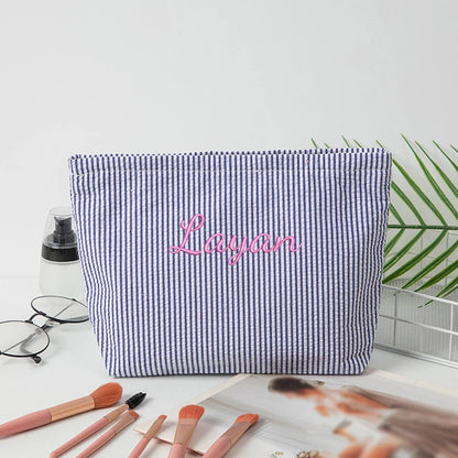 Customised Embroidery/Standard Style 2 Options, Bubble Gauze Striped Makeup Bag, Storage Pouch, Back-to-School Season