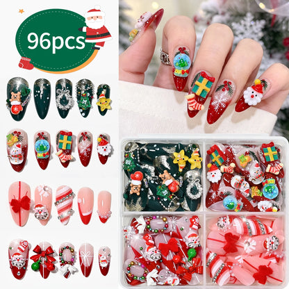 96PC 3D Red Green Medium Almond Christmas Press On Nails Cute Elk/Bell/Snowman/Santa Claus/Xmas Tree Fake Nails Full Cover Nails