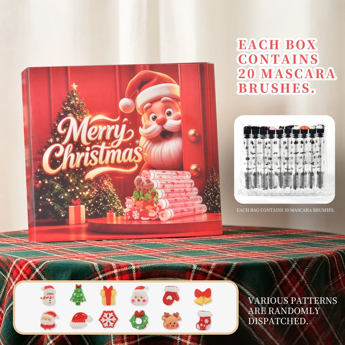 20Pcs Christmas Lash Spoolies Santa Snowflake Mascara Wands Eyelash Brush Eyebrow Comb Makeup Tools with Luxury Holiday Gift Box