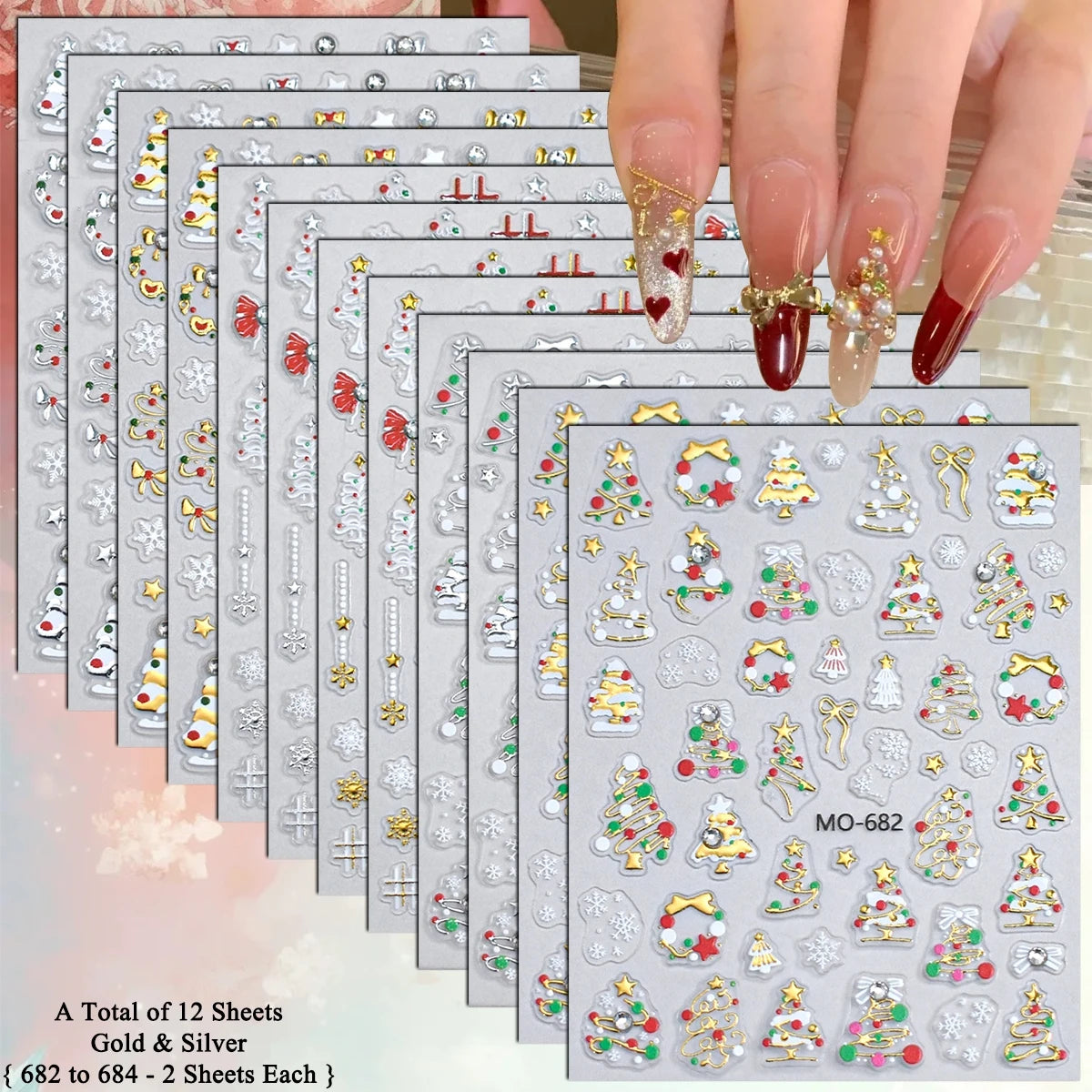 2 to 12 Sheets 5D Gold Silver Christmas Nail Decals Crystal Rhinestone Snowflake Xmas Tree Self Adhesive Nail Art Stickers