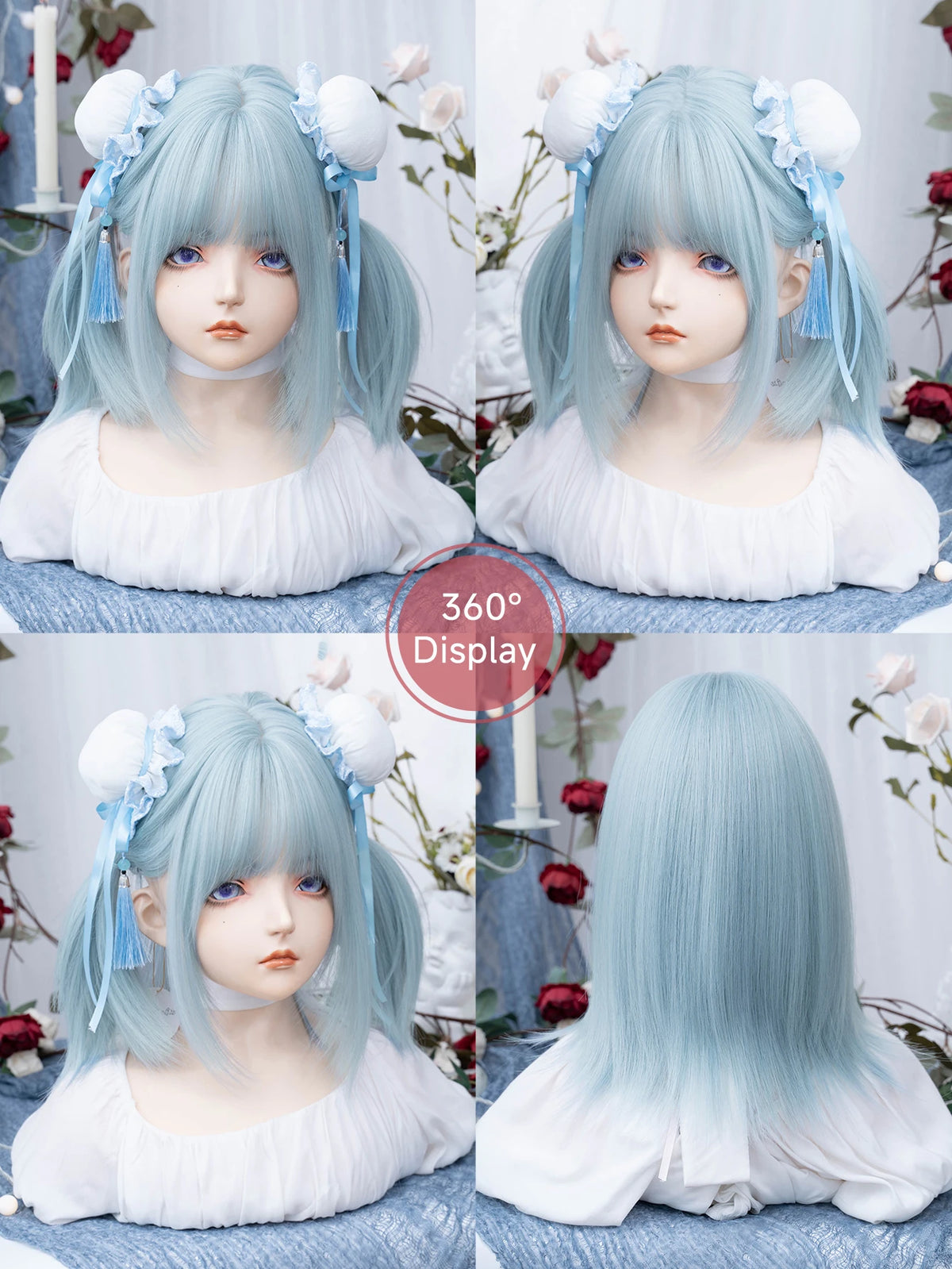 16Inch Lolita Ice Blue Synthetic Lolita Wig With Bang Medium Natural Straight Hair Wigs for Women Daily Cosplay Heat Resistant