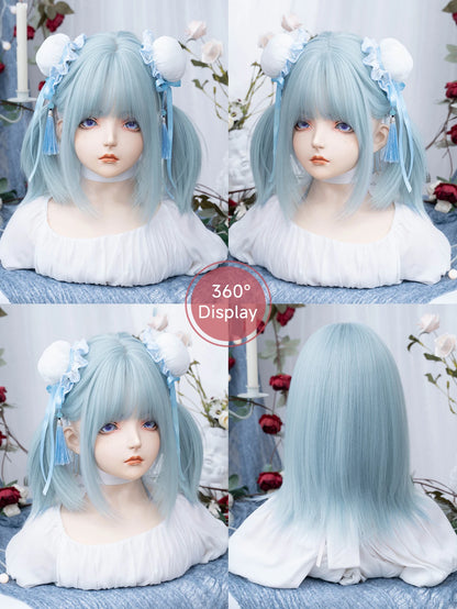 16Inch Lolita Ice Blue Synthetic Lolita Wig With Bang Medium Natural Straight Hair Wigs for Women Daily Cosplay Heat Resistant