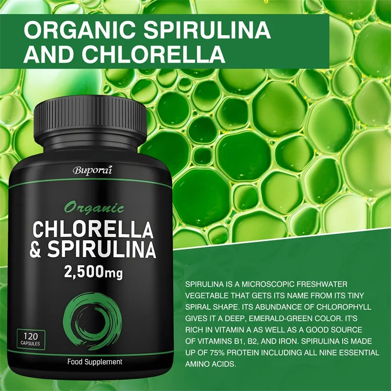 Organic Chlorella & Spirulina 2500mg - Supports Immune Health, Boosts Cellular Energy, Slows Cell Aging, and Aids Detoxification