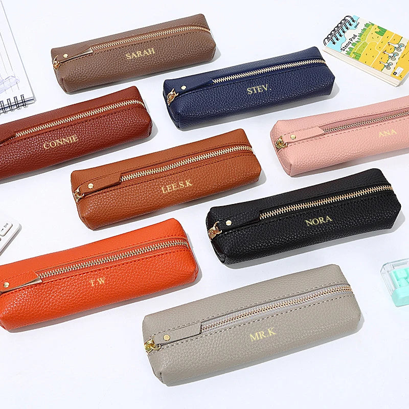 Travel Luxury PU Leather Engrave Name Cosmetic Bag Zipper Fashion Small Make Up Bag Business Pen Pouch Versatile Storage Bags