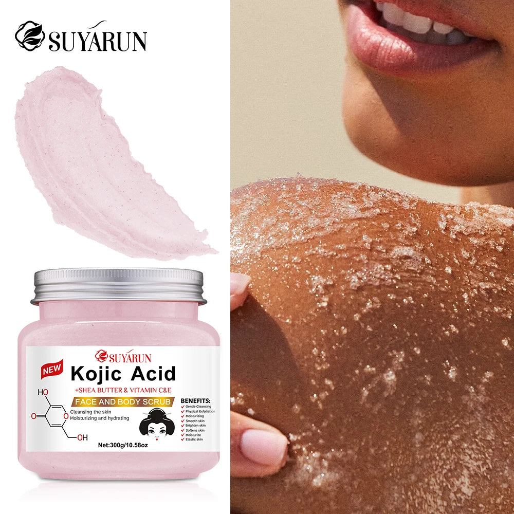 SUYARUN Kojic Acid Exfoliating Body Scrub - Brightening Dark Spot Remover, Natural Skin Smoothing Scrub for Soft Glowing Skin.