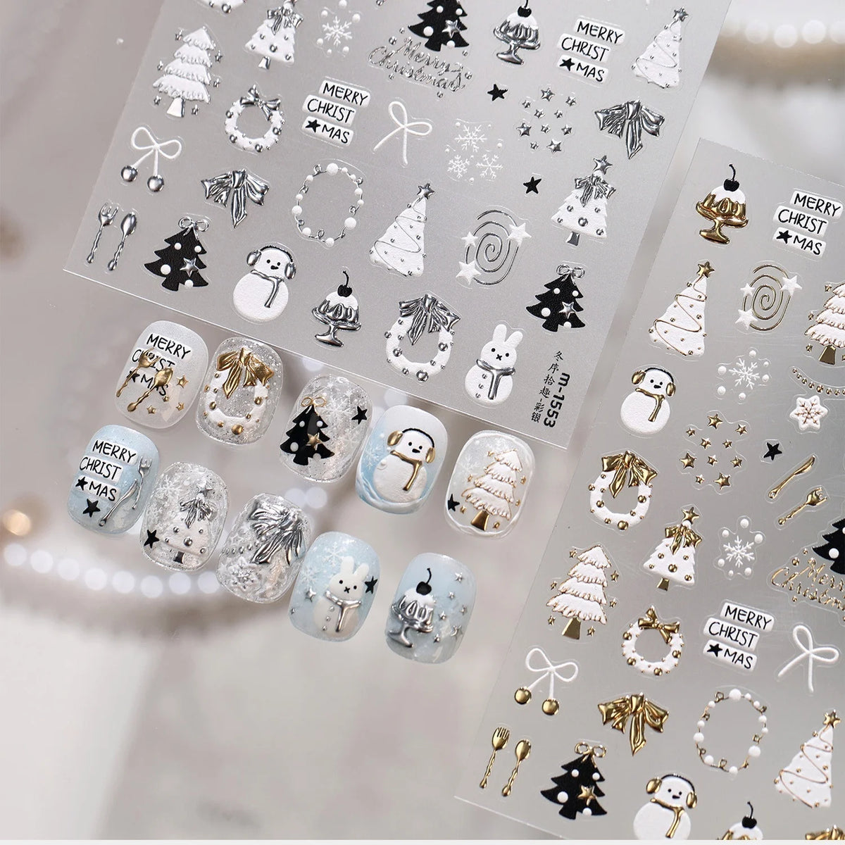 Cute Winter Cartoon Christmas Tree 5D Nail Sticker Snowman Rabbit Bow Pearl Wreath Cake Snowflake Star Self‑Adhesive Nail Decal