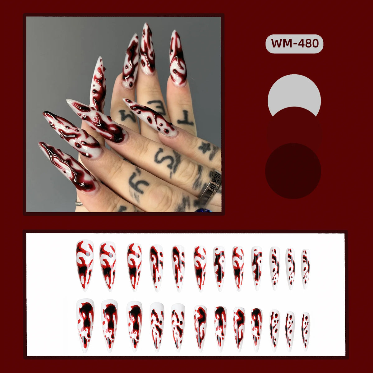 24pcs Blood Red Fake Nails Gradient Long Pointed False Nail Patch Full Cover Wearable Fake Nail Tips Halloween Manicure Sets