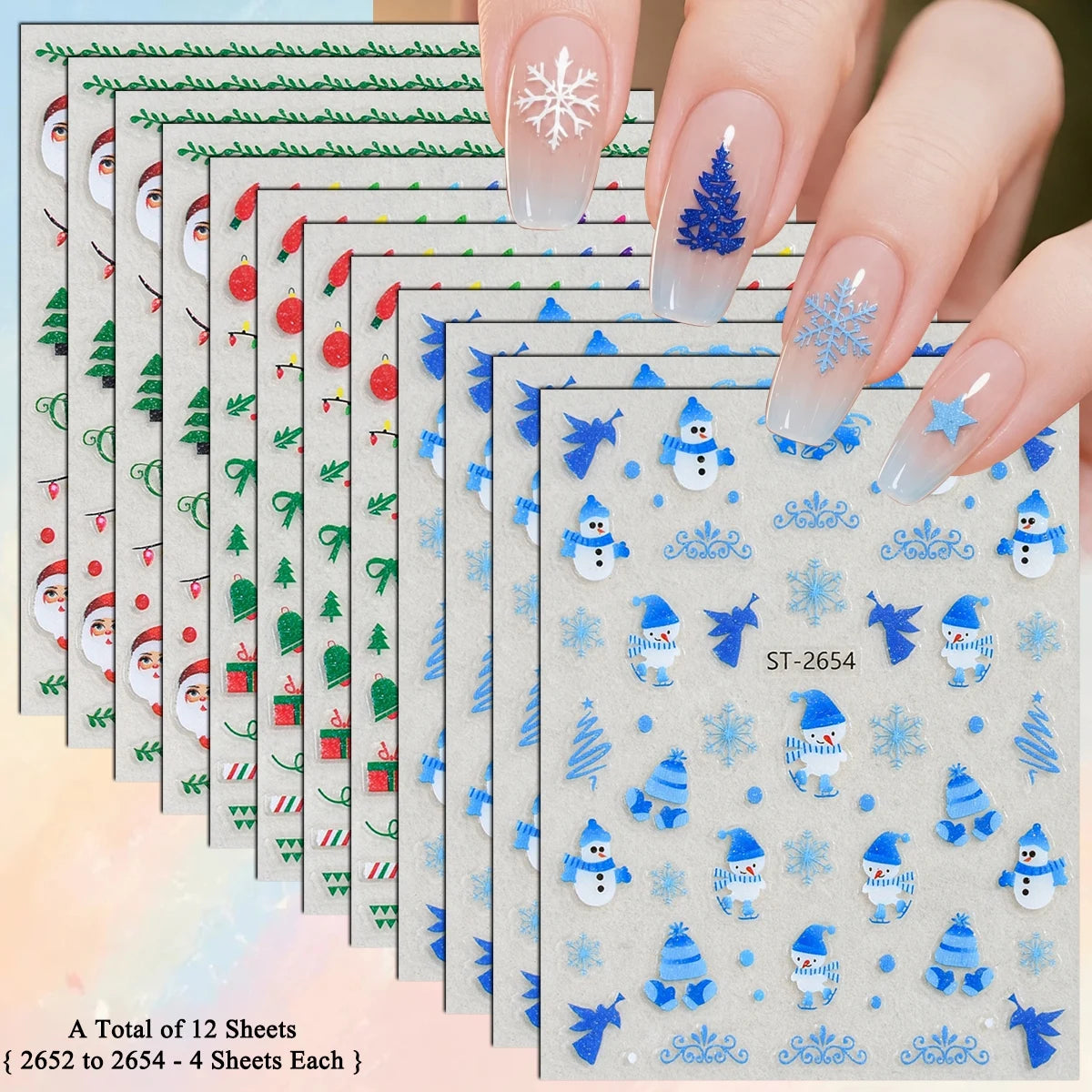 3 to 12 Sheets 3D Christmas Santa Snowman Reindeer Tree Snowflake Lights Gnome Self-Adhesive Nail Art Stickers