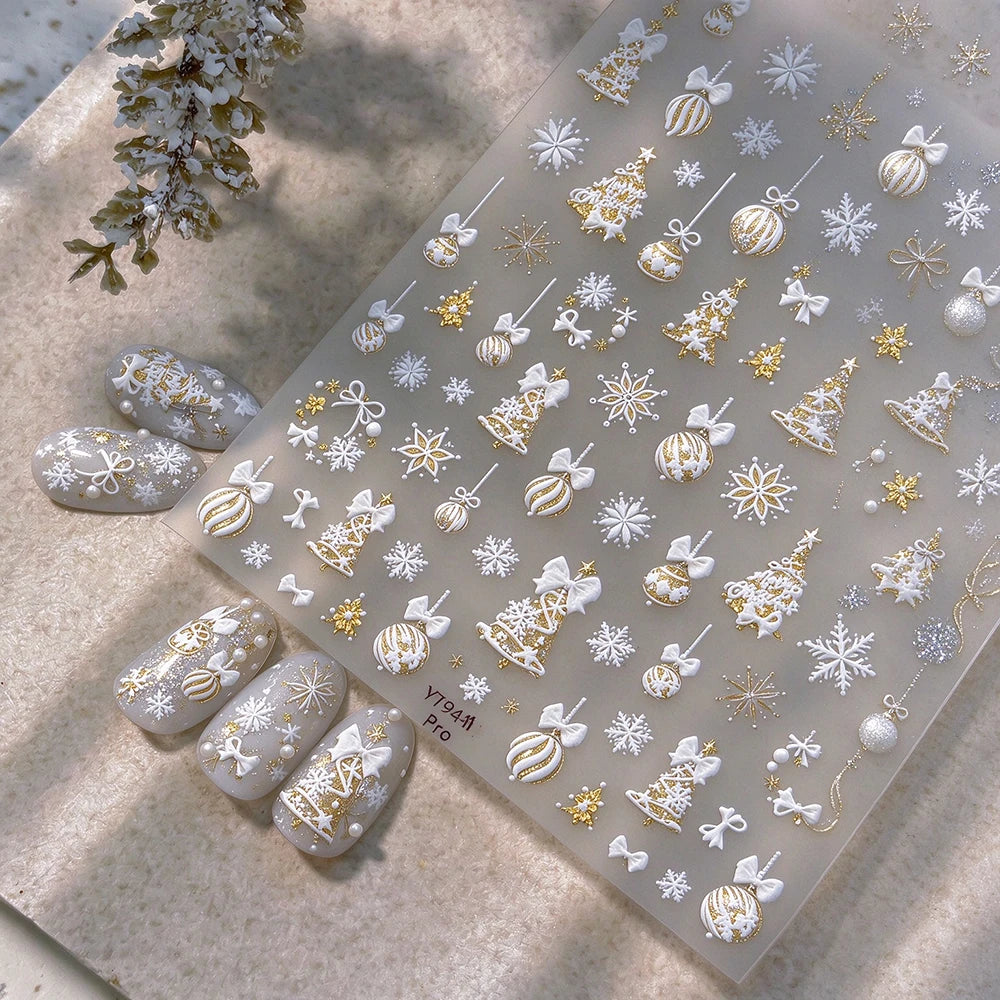 Tender Blue Christmas Tree Hanging Ball Ribbon Gold Star Snowflakes Bowknot Ring Adhesive Nail Charms Art Sticker Manicure Decal