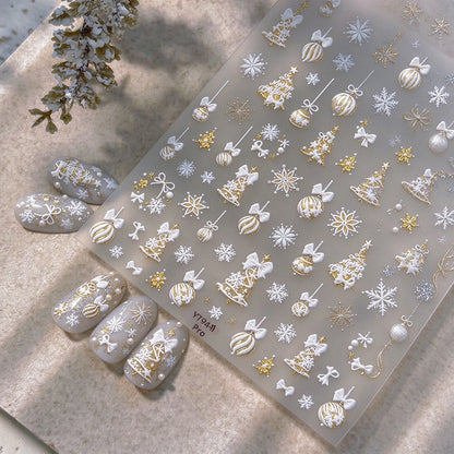 Tender Blue Christmas Tree Hanging Ball Ribbon Gold Star Snowflakes Bowknot Ring Adhesive Nail Charms Art Sticker Manicure Decal