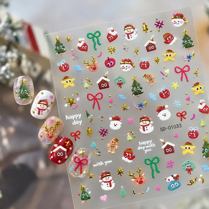1pcs Gold-foiled Christmas Tree 5D Nail Stickers Bow Holly Snowflake Wreath Christmas Nail Decals Cartoon Merry Christmas Decora