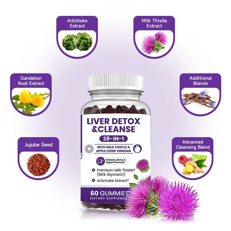 Milk Thistle Liver Support Gummies 28-in-1 Herbal Blend Apple Cider Vinegar Artichoke Daily Liver Wellness 60 Count