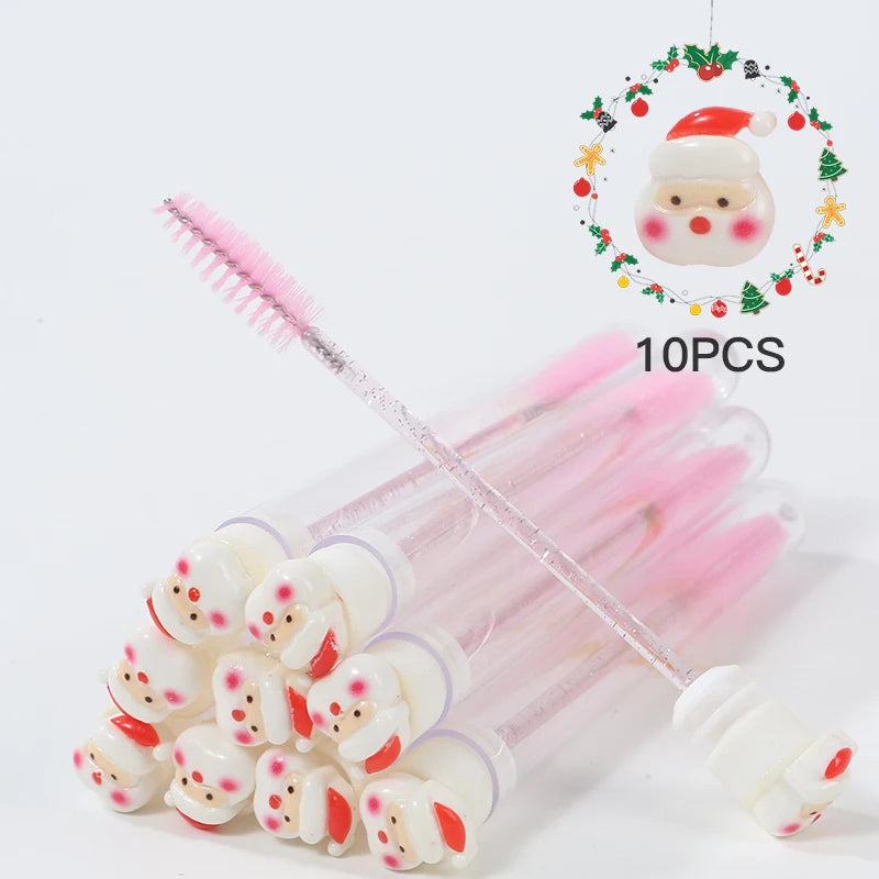10Pcs Christmas Eyelash Brushes Set Santa Mascara Wand with Case Spoolie Eyebrow Comb Festive Makeup Tool Xmas Gift for Women