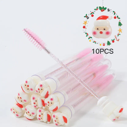 10Pcs Christmas Eyelash Brushes Set Santa Mascara Wand with Case Spoolie Eyebrow Comb Festive Makeup Tool Xmas Gift for Women