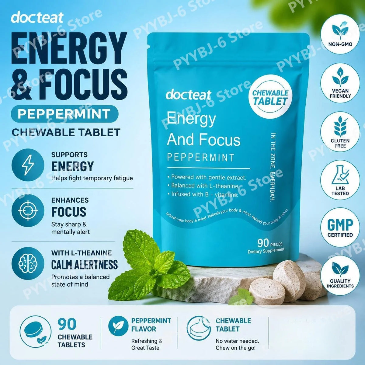 Docteat Peppermint Energy & Focus Chewable Tablets with L-Theanine and B Vitamins for Daily Vitality Support, 90 Tablets