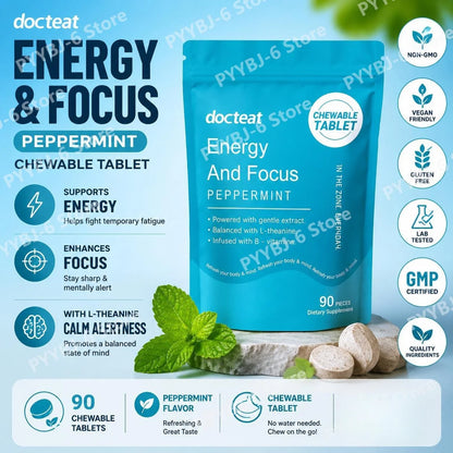 Docteat Peppermint Energy & Focus Chewable Tablets with L-Theanine and B Vitamins for Daily Vitality Support, 90 Tablets