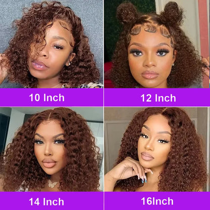 Chocolate Brown 200% Density Deep Curly 13x4 Lace Frontal Bob Wig Water Wavy Human Hair Wigs Pre Plucked Virgin Wet And Hair #4