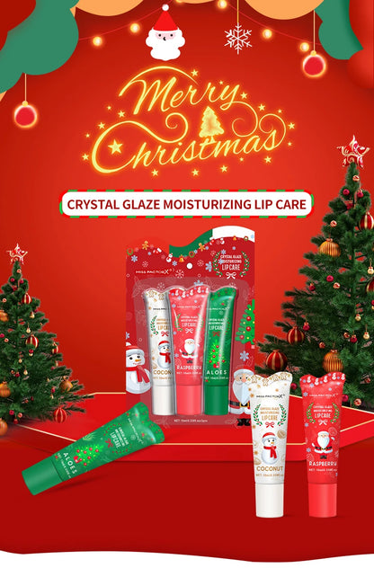 3-piece Christmas card lipstick set -3 flavors (coconut, raspberry, aloe) lasting moisturizing and luster, portable belt