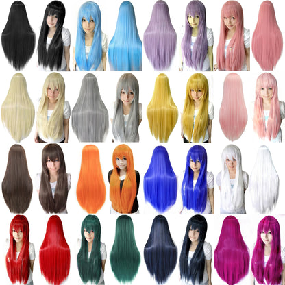 80cm Straight Synthetic Cosplay Wig White Purple Green Silver Pink Lolita Hairpiece with Bangs Long Wigs