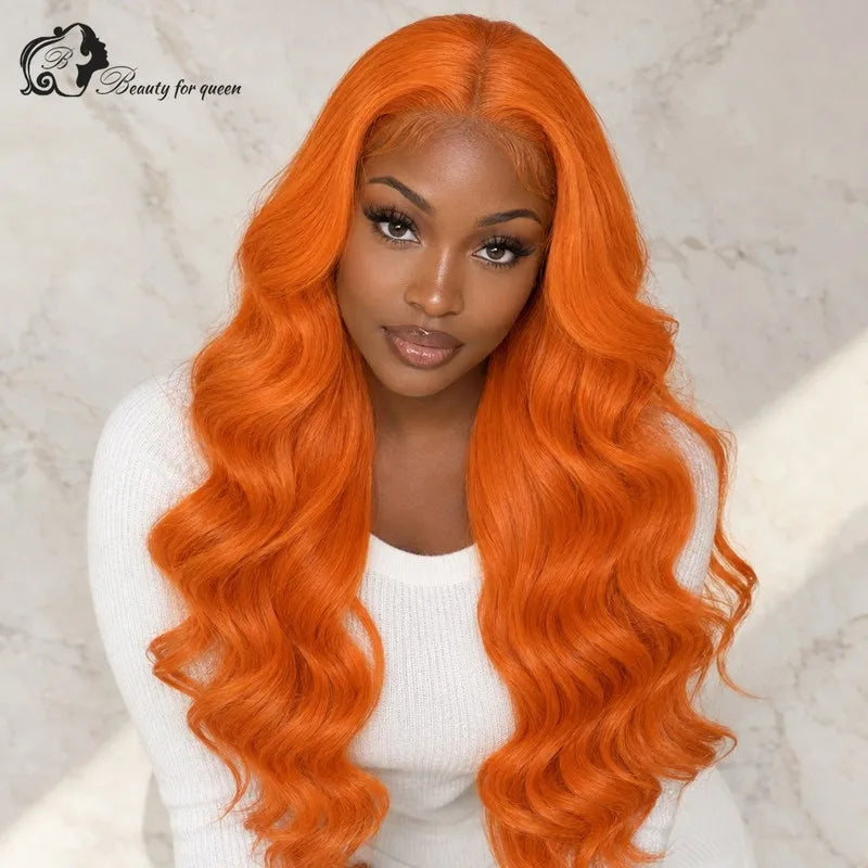 Tangerine Orange Body Wave Wig Long Bleached Knots Voluminous Luxe Glue And Go Bold Soft Brazilian Smooth Deep Parting Lustrous