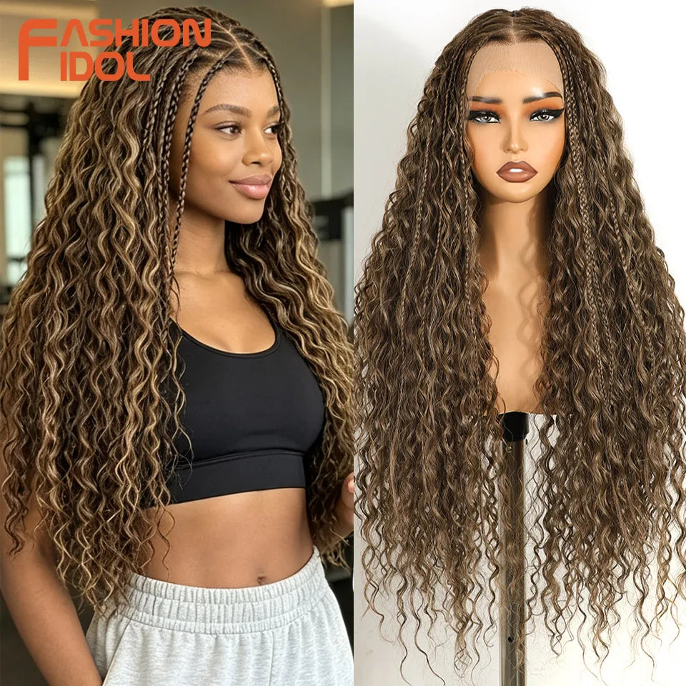FASHION IDOL Twist Box Braided Lace Wigs Synthetic Brown 13X4 Lace Frontal Wigs For Black Women Goddess Faux Locs Braids Wigs