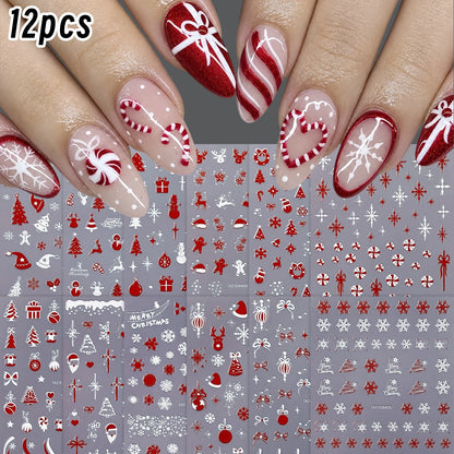 12Pcs Gold White Christmas Nail Stickers Cute Santa Snowflake Tree Ribbon Gingerbread Nails Decals for Xmas Winter Holiday Decor