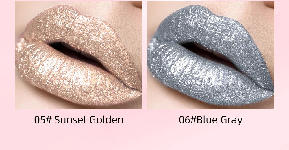 Diamond Glitter Liquid Lipstick Waterproof Long Lasting Pearl Shiny Lip Gloss Metal Charming Lip Glaze Tint Makeup For Women