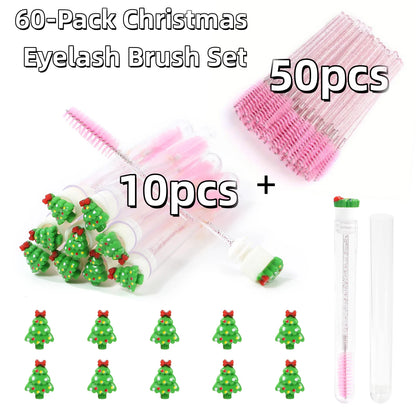 60Pcs Christmas Eyelash Brush with Tube Replaceable Mascara Wand Spoolie Dustproof Lash Tech Supplies Reusable Eyebrow Xmas Gift