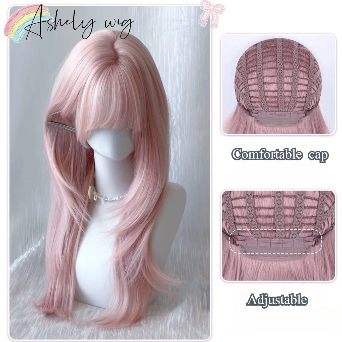 Ashely Pink Wig for Women Hair Wig with Bangs High Temperature Fibers Lolita Cute Layered Wig Synthetic Wigs Headband 가발 Парик