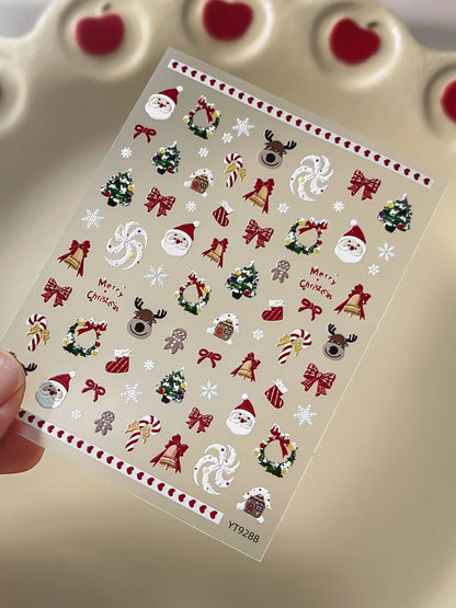 2026 New 5D Embossed Garland/Christmas Tree Nail Stickers White Snowflakes Bow Star Nail Decals Self-Adhesive Xmas Nail Decor
