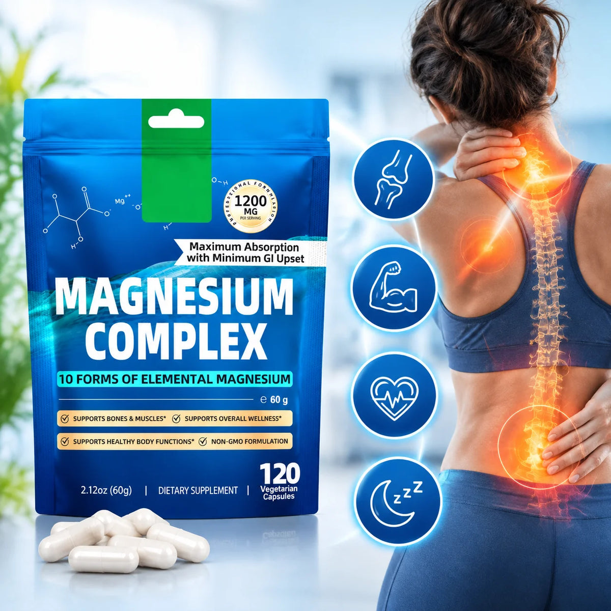Magnesium Complex Capsules,Bone, Muscle, Heart Health,Restful Sleep,10 Forms of Elemental Magnesium for Absorption,120 Capsules