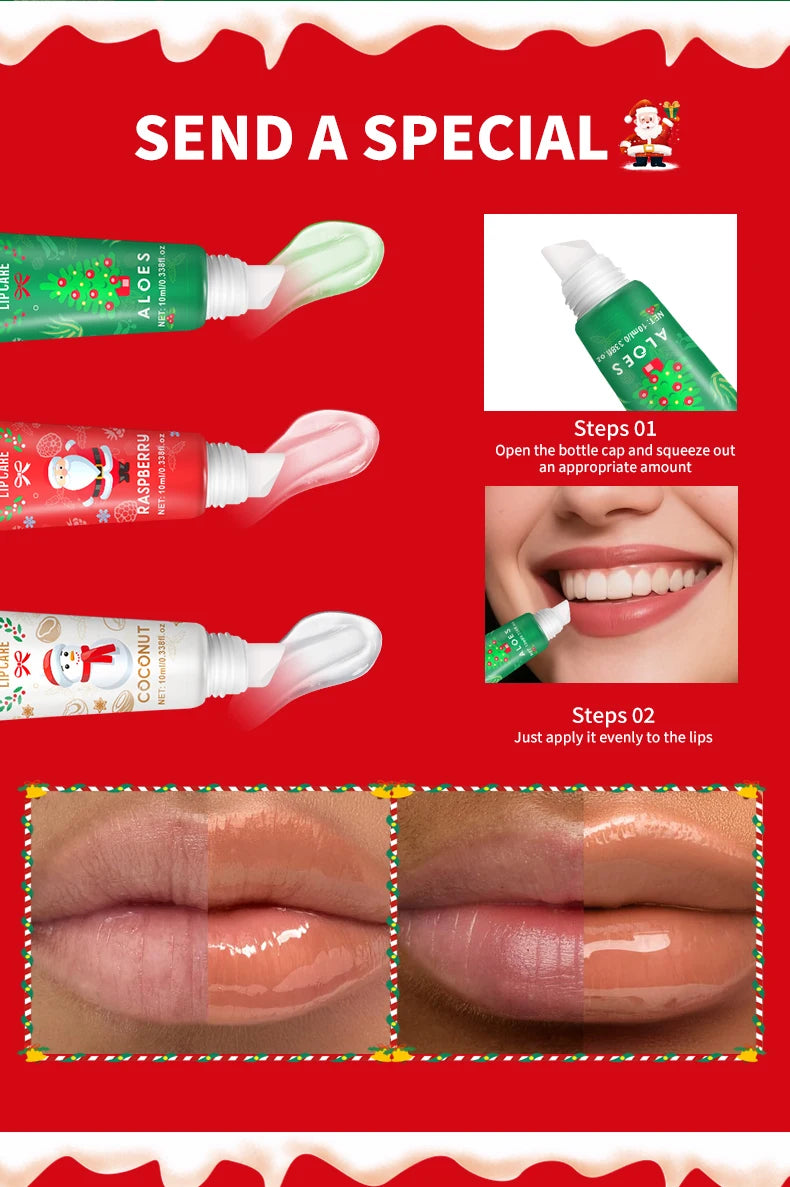 3-piece Christmas card lipstick set -3 flavors (coconut, raspberry, aloe) lasting moisturizing and luster, portable belt