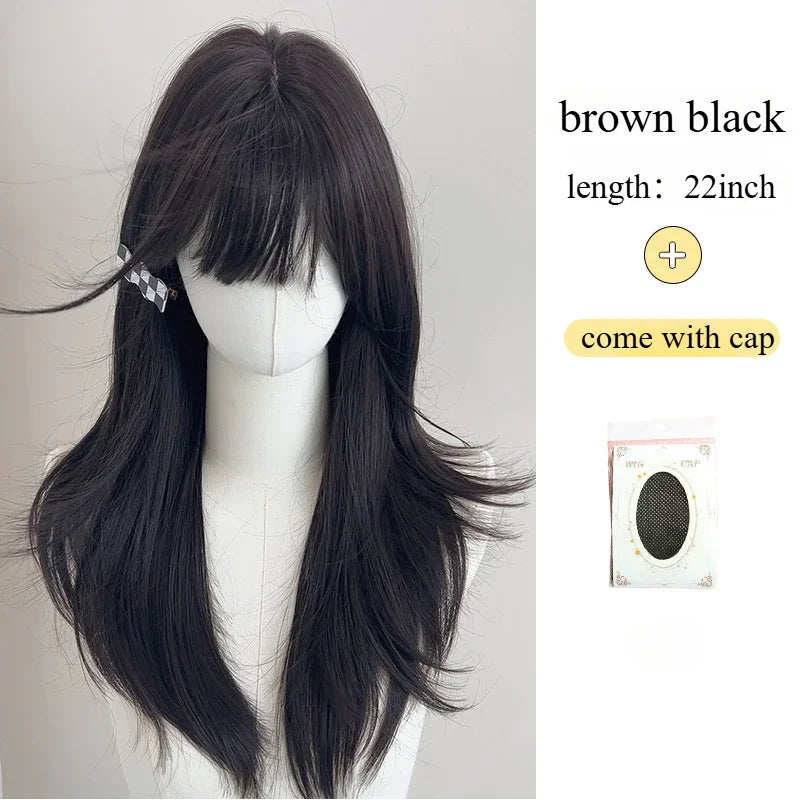Blonde Wig with Bangs 22inch Medium Straight Hair Wig for Women Soft Natural Heat Resistant Fibers Synthetic Wigs 가발  Peluca
