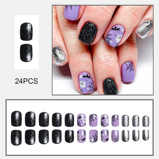 Press On Nails Light Purple Bat Ghost Spider Web Halloween Fake Nail Stickers With Designs Scary Party Nail Art Decals 24pcs