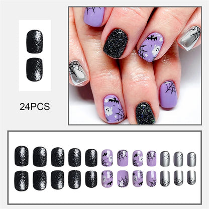 Press On Nails Light Purple Bat Ghost Spider Web Halloween Fake Nail Stickers With Designs Scary Party Nail Art Decals 24pcs