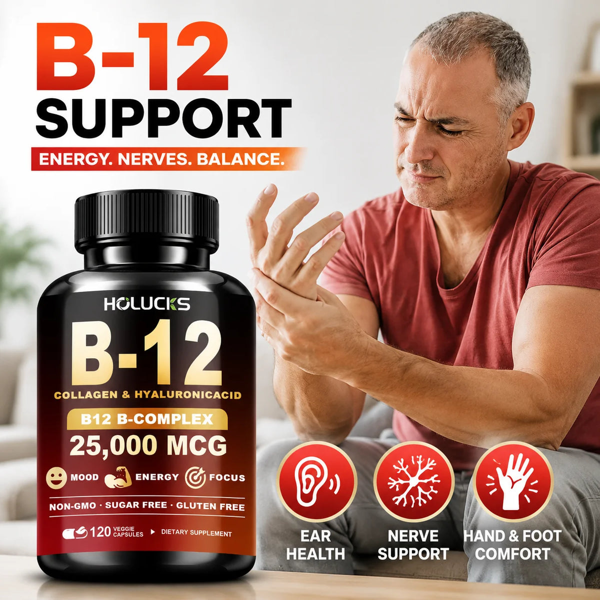 Vitamin B12 Capsules, with MSM, Marine Collagen, Support Mood & Mental Focus, Heart, Skin, Bone & Nervous System Health, Immune
