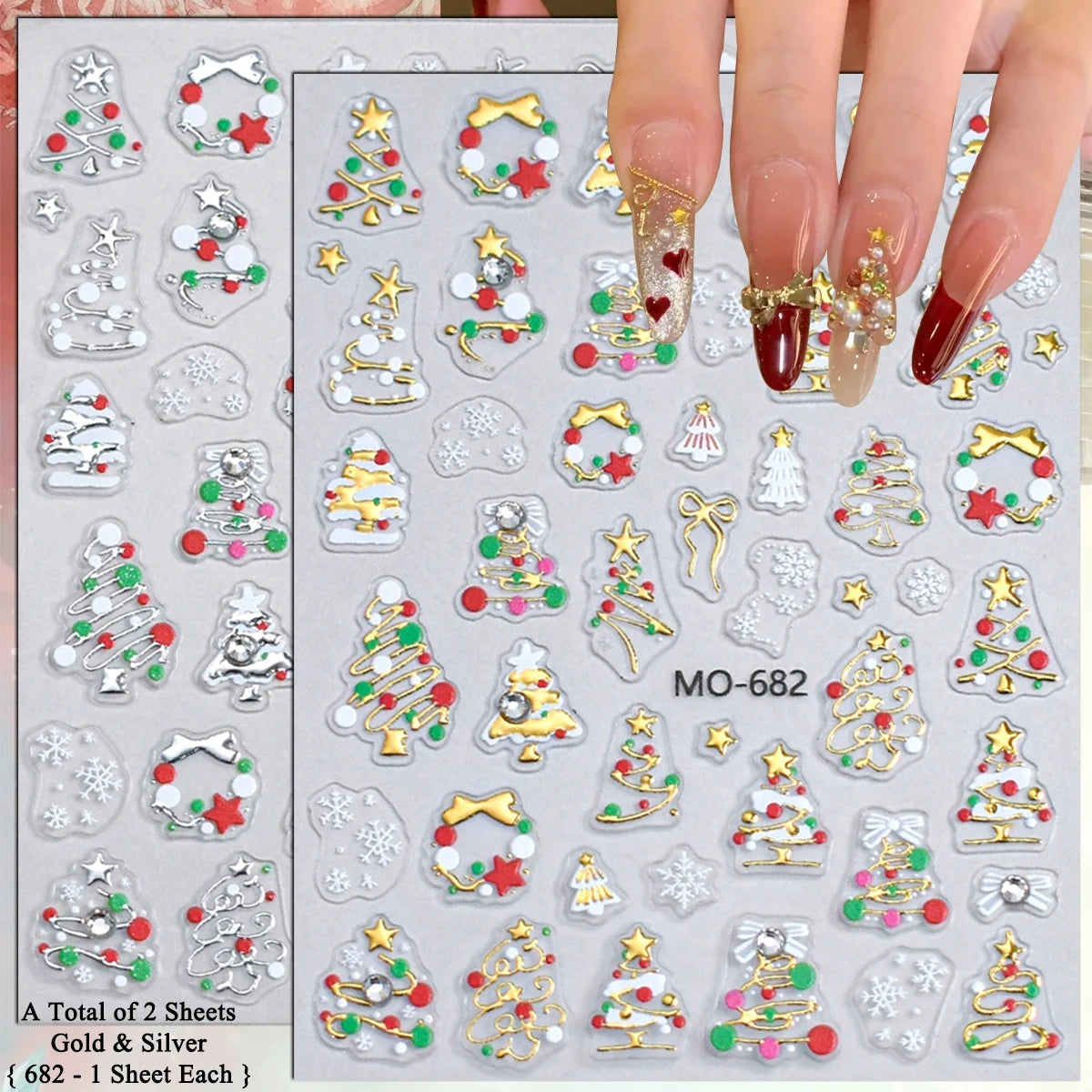 2 to 12 Sheets 5D Gold Silver Christmas Nail Decals Crystal Rhinestone Snowflake Xmas Tree Self Adhesive Nail Art Stickers