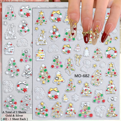 2 to 12 Sheets 5D Gold Silver Christmas Nail Decals Crystal Rhinestone Snowflake Xmas Tree Self Adhesive Nail Art Stickers
