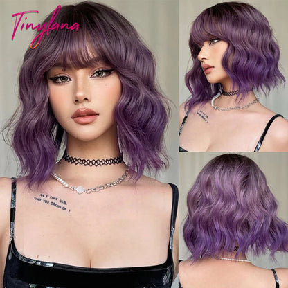 Curly Short Bob Brown Wavy Synthetic Wigs with Bangs Lolita Cosplay Brown Wig for Women Natural Daily Party Hair Heat Resistant
