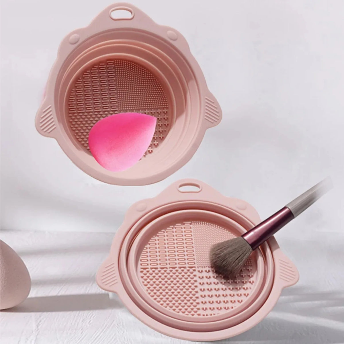 Multi-functional Silicone Makeup Brush Cleaning Bowl Powder Puff Beauty Washing Scrubber Pad with Folding Brush Holder