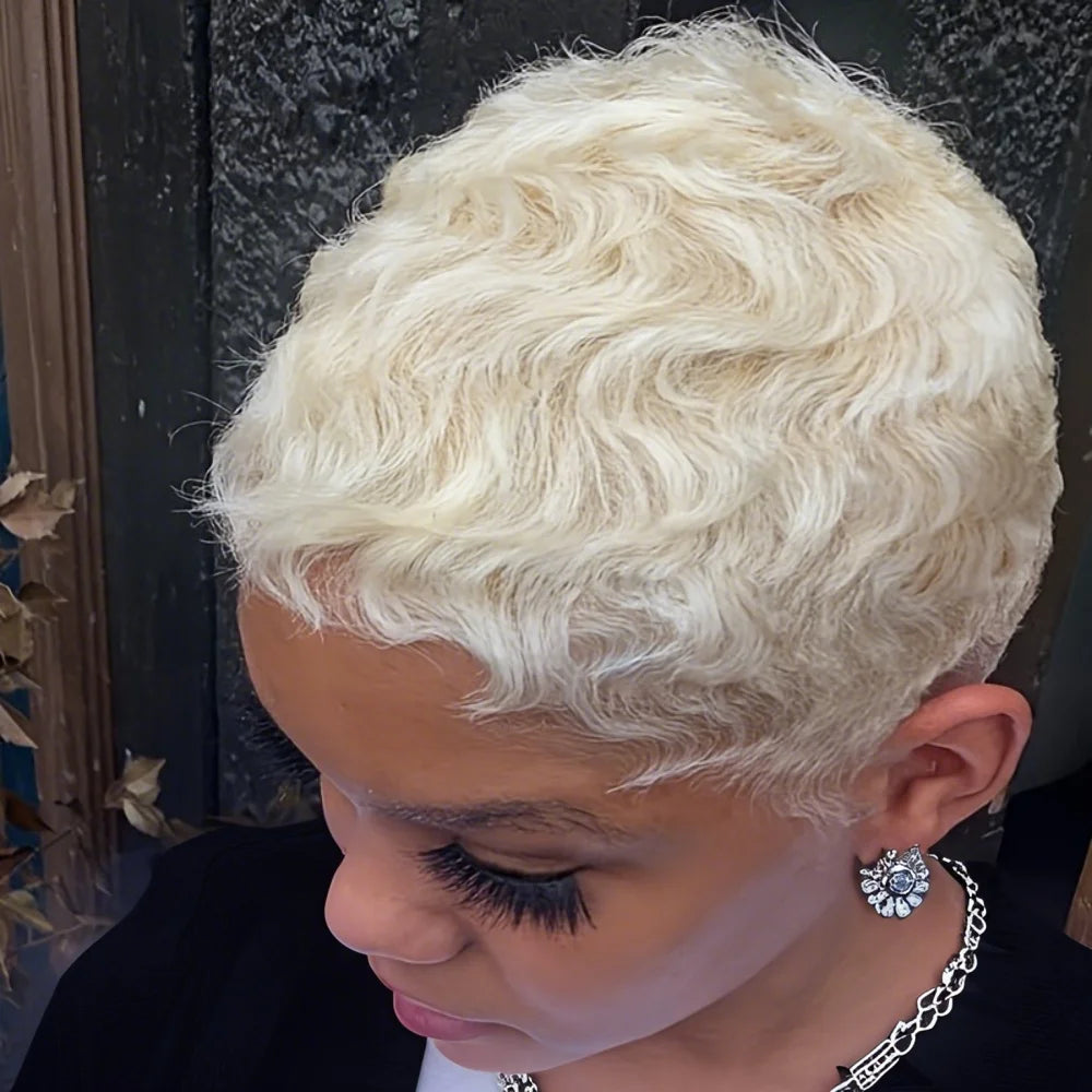  Stylish 60 Blonde Curly Human Hair Wig with Bangs Brazilian Remy Short Layered Natural Look Style Machine Made Wig for Women